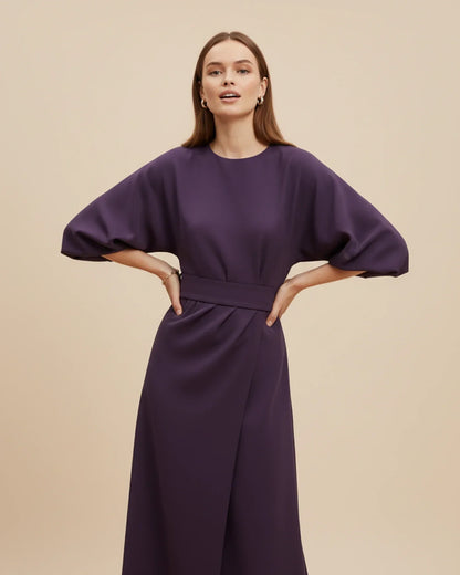Clementine Women's Belted Wrap Midi Dress — Puff Sleeves 5