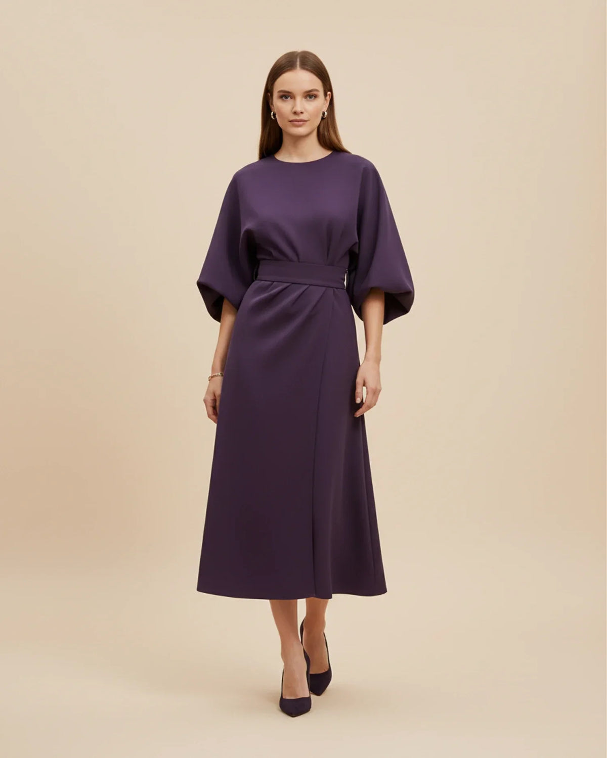 Clementine Women's Belted Wrap Midi Dress — Puff Sleeves 6