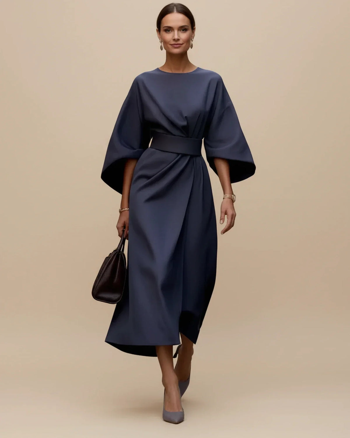 Clementine Women's Belted Wrap Midi Dress — Puff Sleeves 9