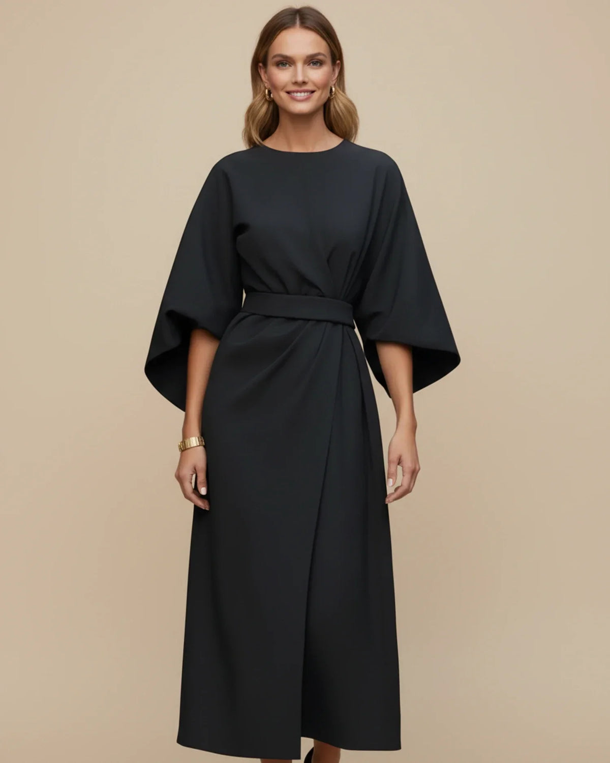 Clementine Women's Belted Wrap Midi Dress — Puff Sleeves 1