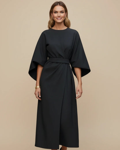 Clementine Women's Belted Wrap Midi Dress — Puff Sleeves 1
