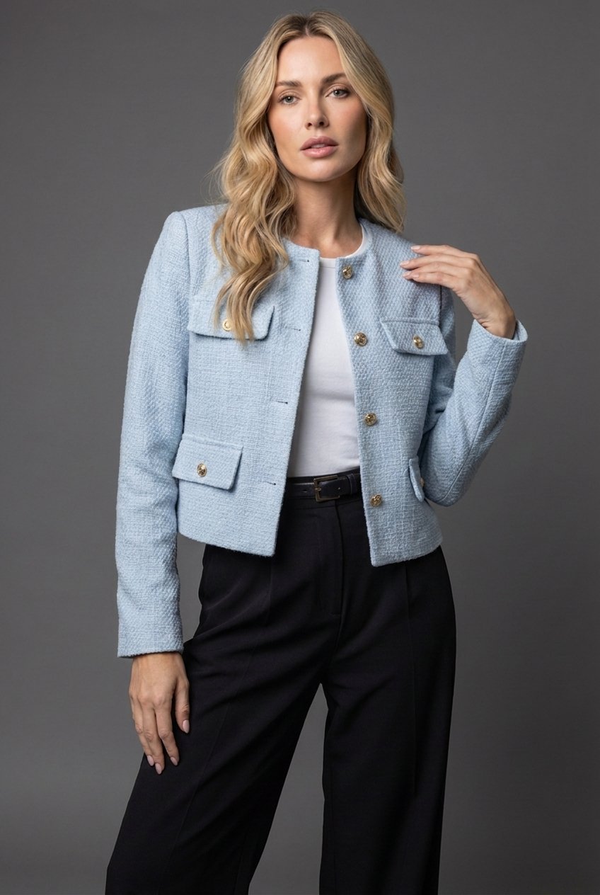 Cropped Tweed-Look Blazer — Gold Buttons & Flap Pockets 1
