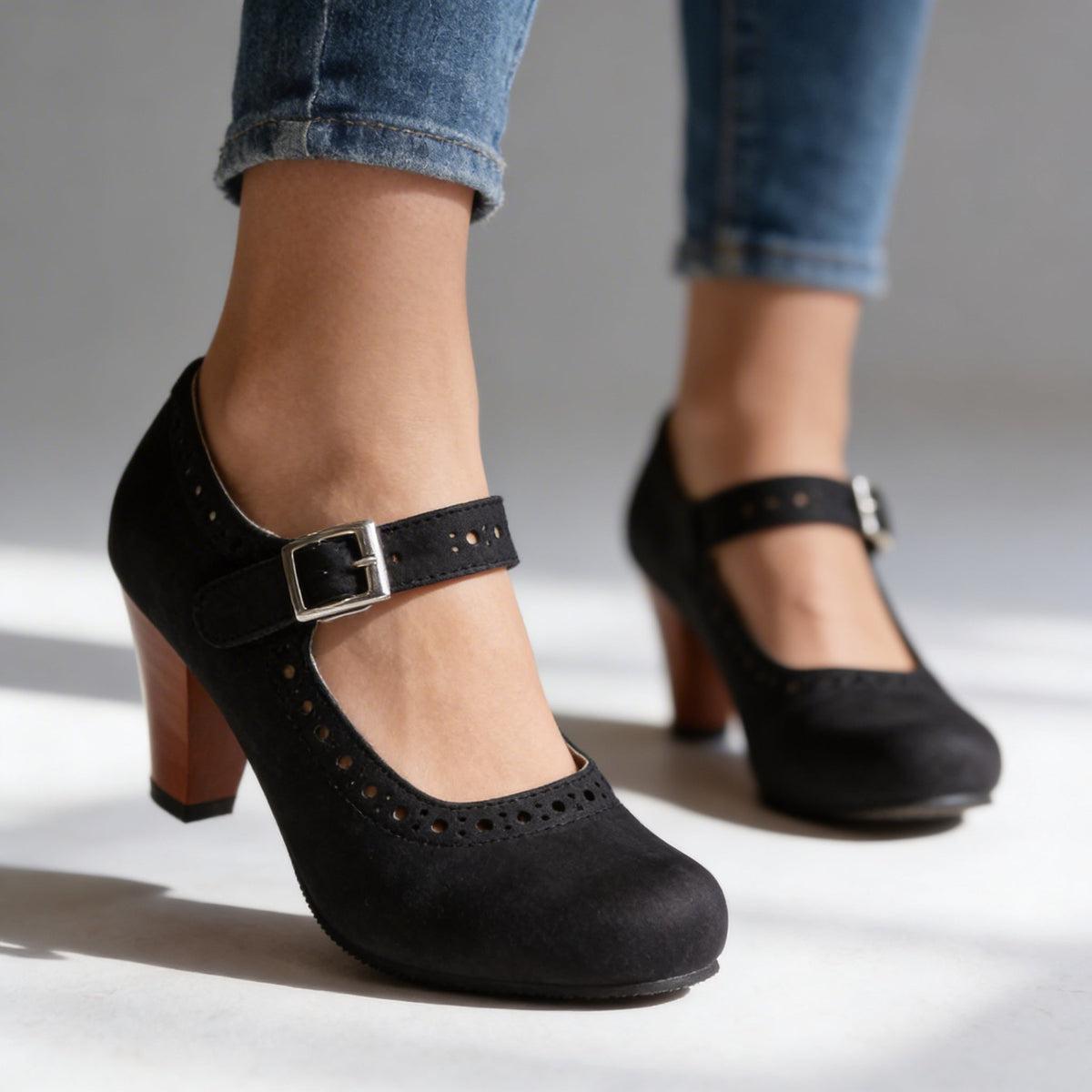 Darcy Women's Heeled Mary Janes — Brogue Detail & Buckle Strap 4