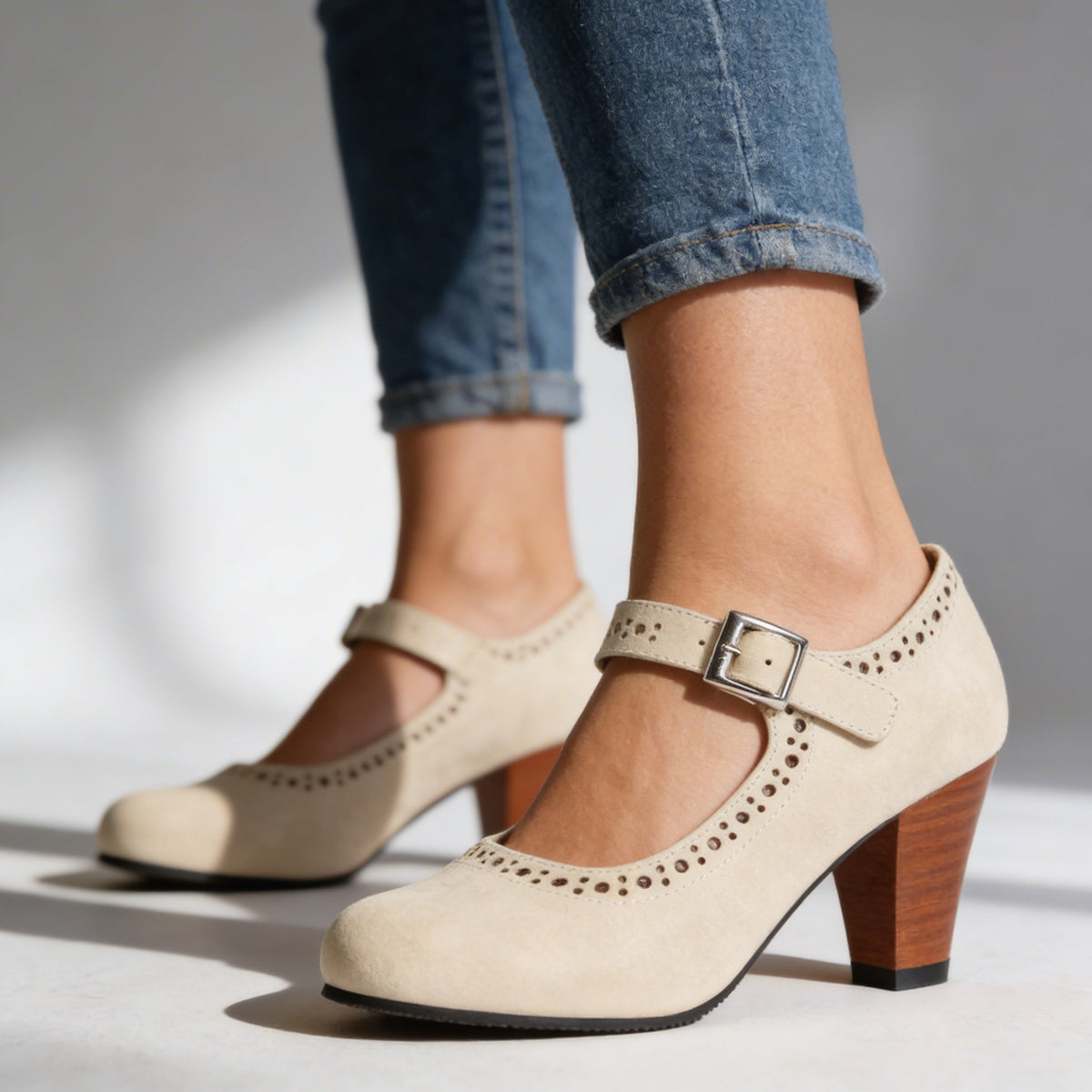 Darcy Women's Heeled Mary Janes — Brogue Detail & Buckle Strap 6