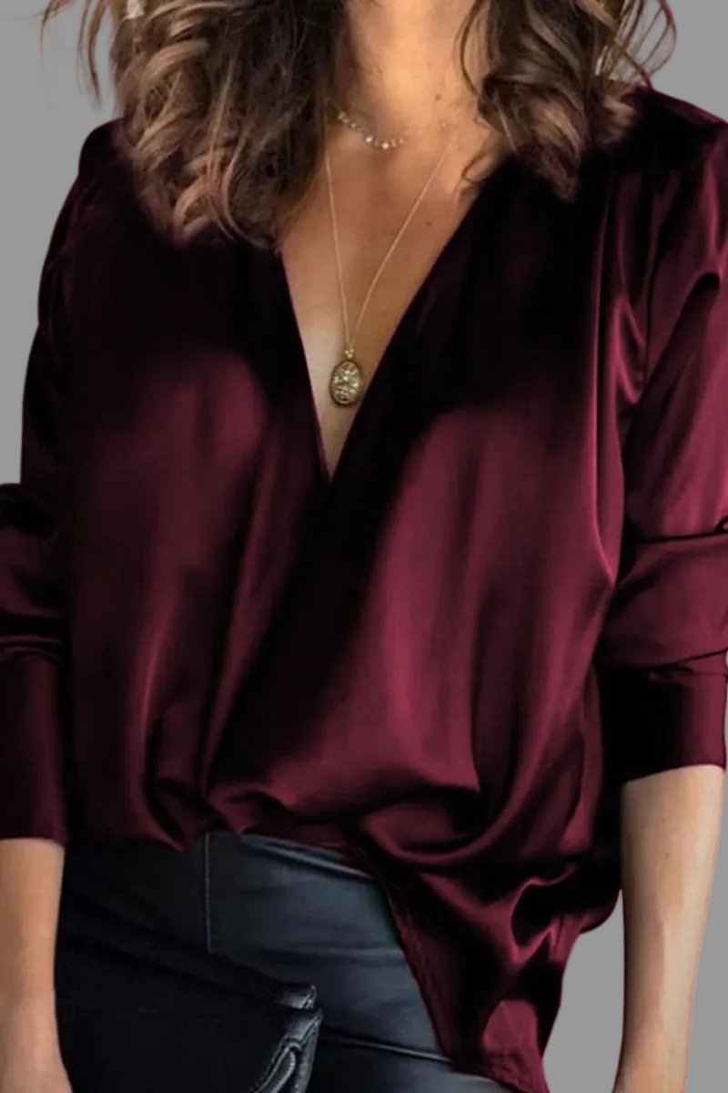 Juliet Women's Draped Satin-Look Blouse — V-Neck, Long Sleeve 2