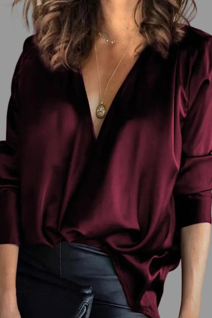 Juliet Women's Draped Satin-Look Blouse — V-Neck, Long Sleeve 2