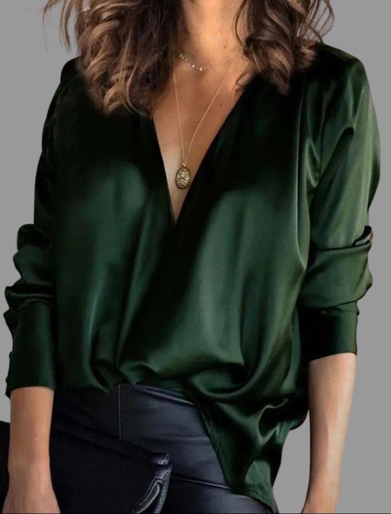 Juliet Women's Draped Satin-Look Blouse — V-Neck, Long Sleeve 1