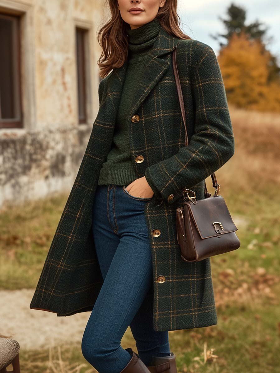 Edinburgh Women's Long Check Coat — Slim Fit Plaid Winter Coat 1