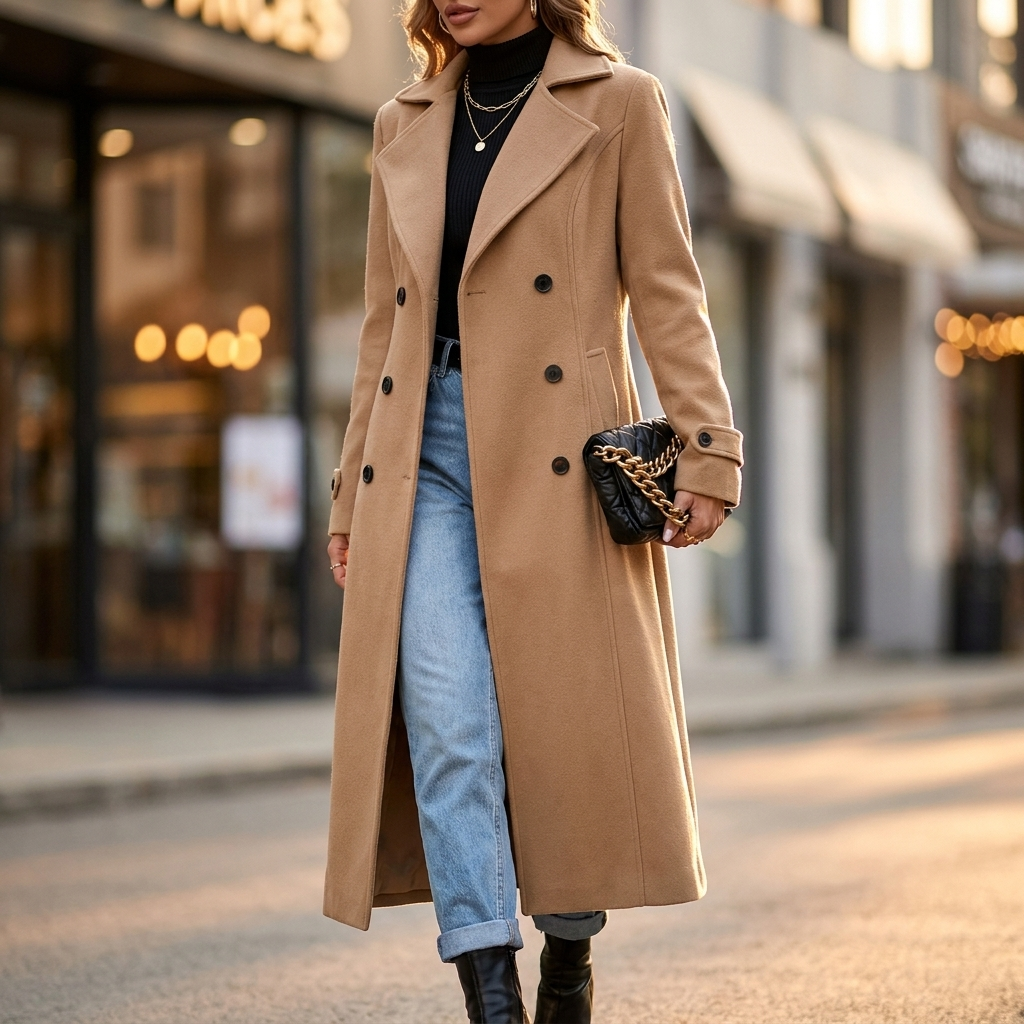 Elowen Double Breasted Long Coat — Notched Lapel Fit 2