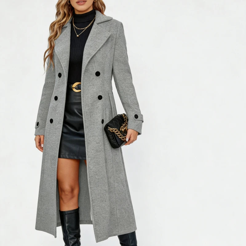 Elowen Double Breasted Long Coat — Notched Lapel Fit 4