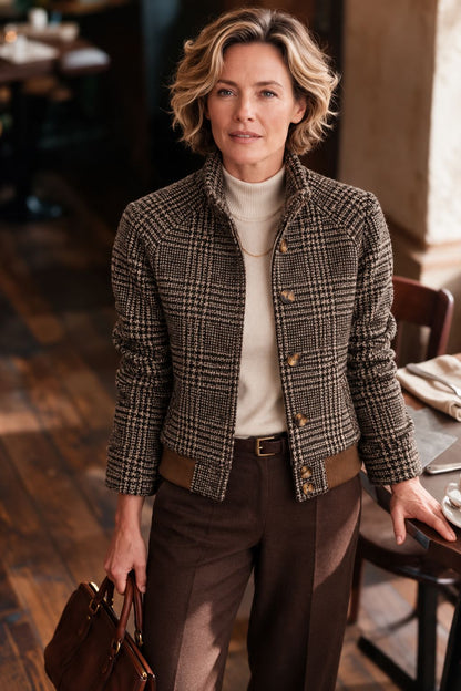 Hartley Women's Plaid Stand-Collar Jacket — Vintage Check Zip-Up 3