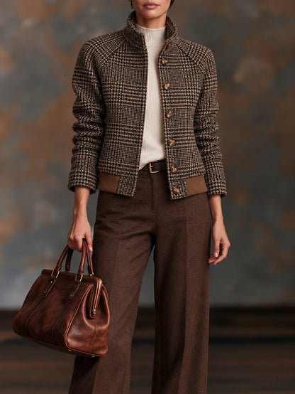 Hartley Women's Plaid Stand-Collar Jacket — Vintage Check Zip-Up 1