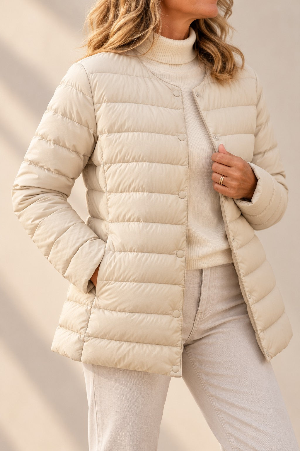 Helga Puffer Jacket — Lightweight Collarless Snap-Button Coat