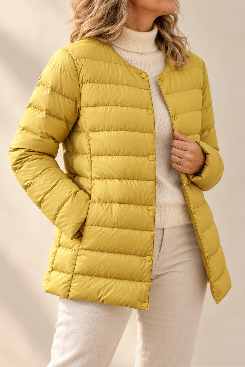 Helga Puffer Jacket — Lightweight Collarless Snap-Button Coat