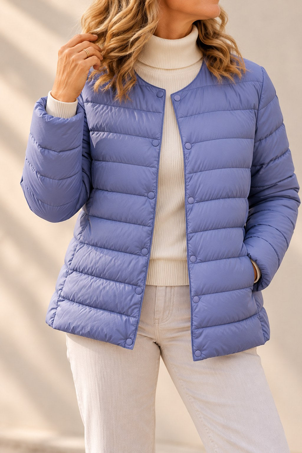 Helga Puffer Jacket — Lightweight Collarless Snap-Button Coat