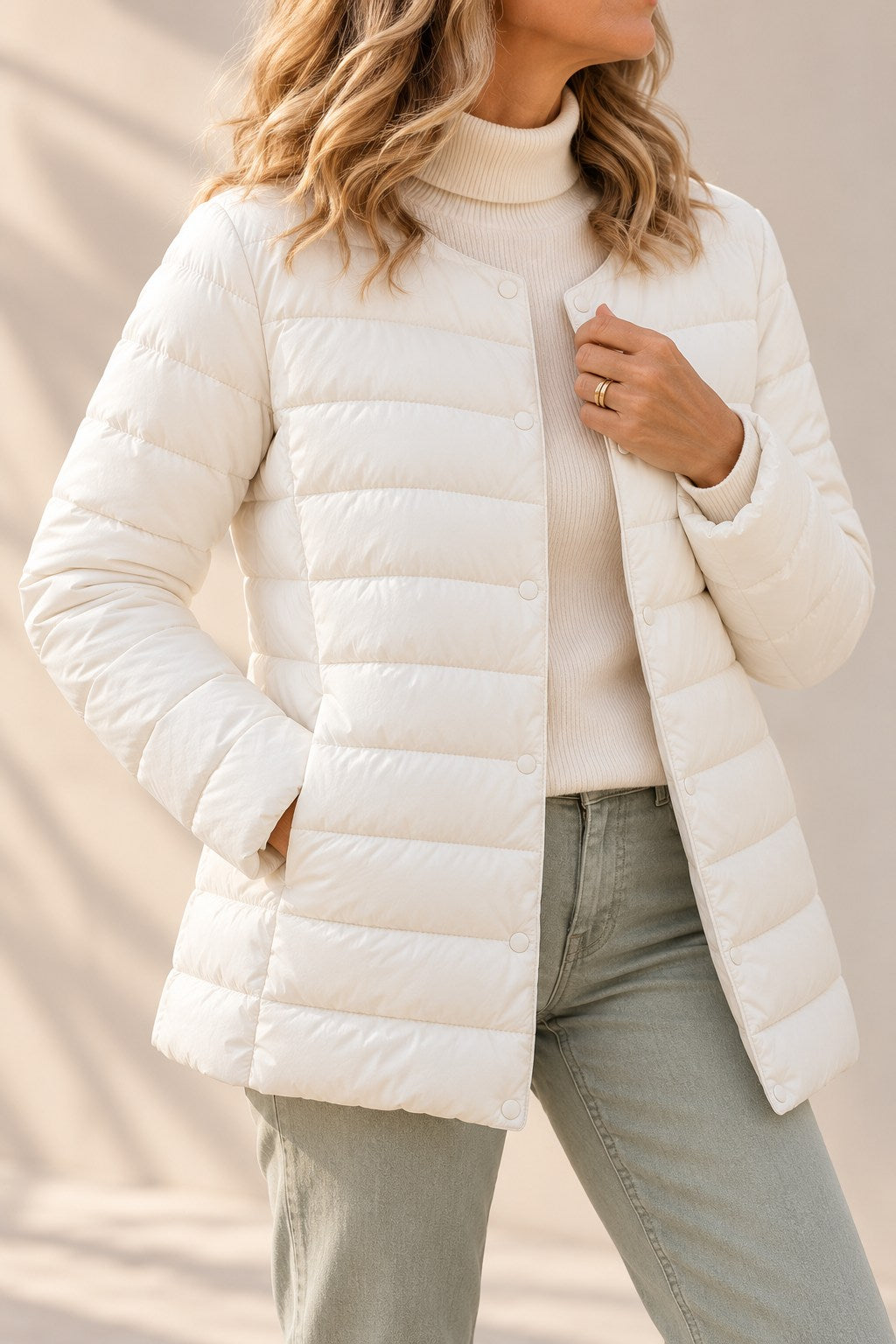 Helga Puffer Jacket — Lightweight Collarless Snap-Button Coat