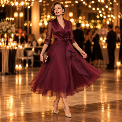 Henley Burgundy Midi Wrap Dress — Mesh Sleeves, Collar & Tie Belt 2