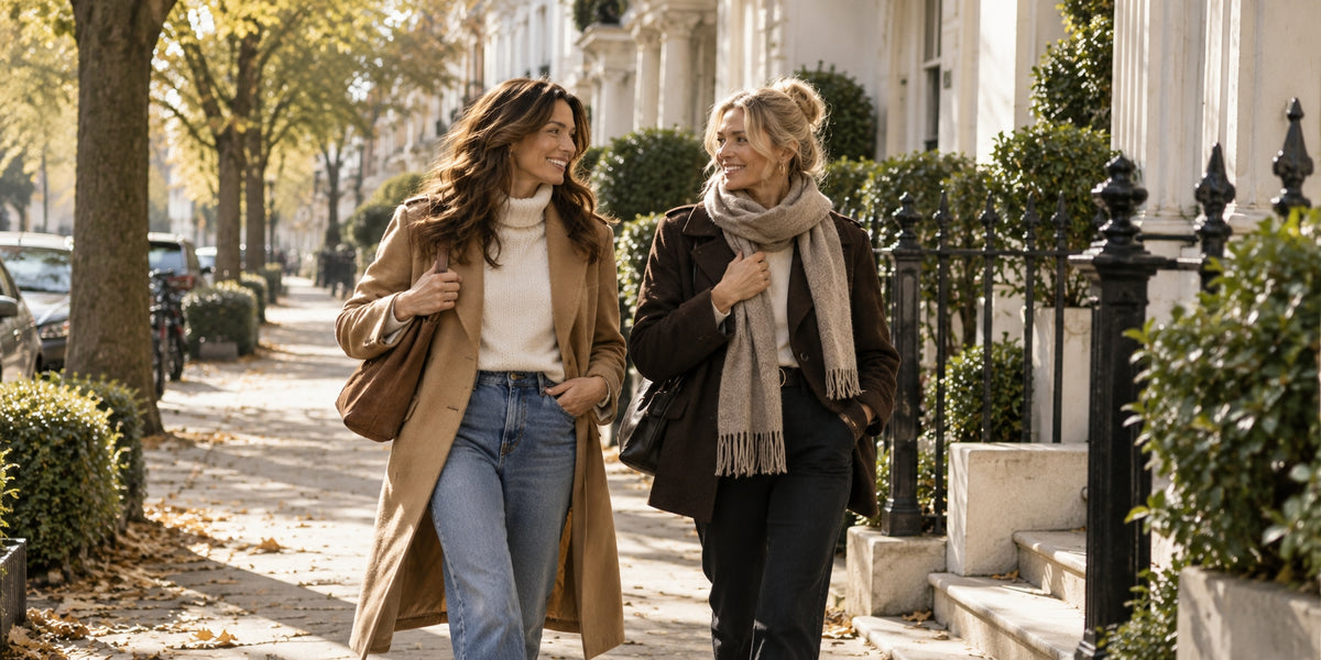 Two women walking along a London street in autumn coats and knitwear