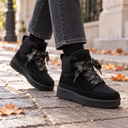 Women's black warm-lined lace-up ankle boots with check ribbon laces — Hollis Morgan