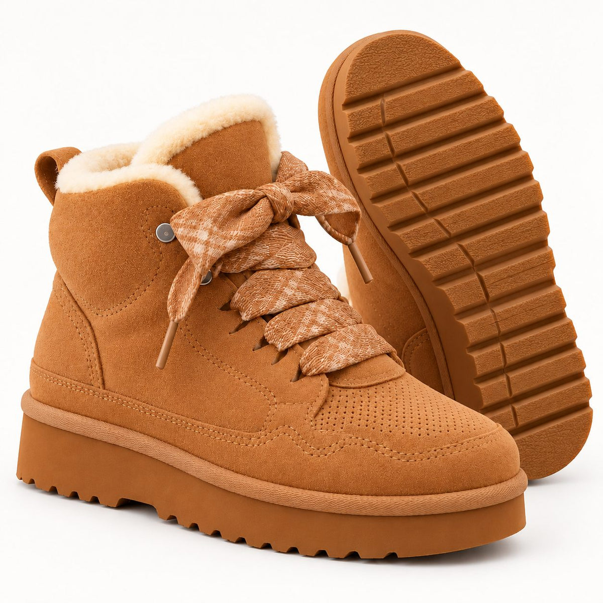Camel warm-lined lace-up ankle boots, side view and sole — Hollis Morgan