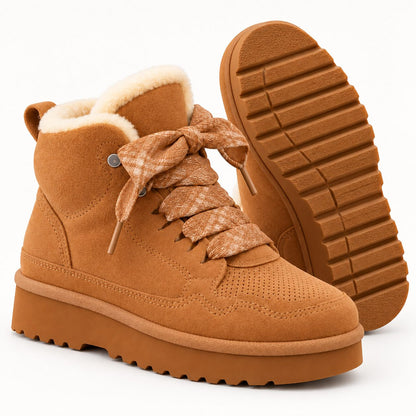 Camel warm-lined lace-up ankle boots, side view and sole — Hollis Morgan