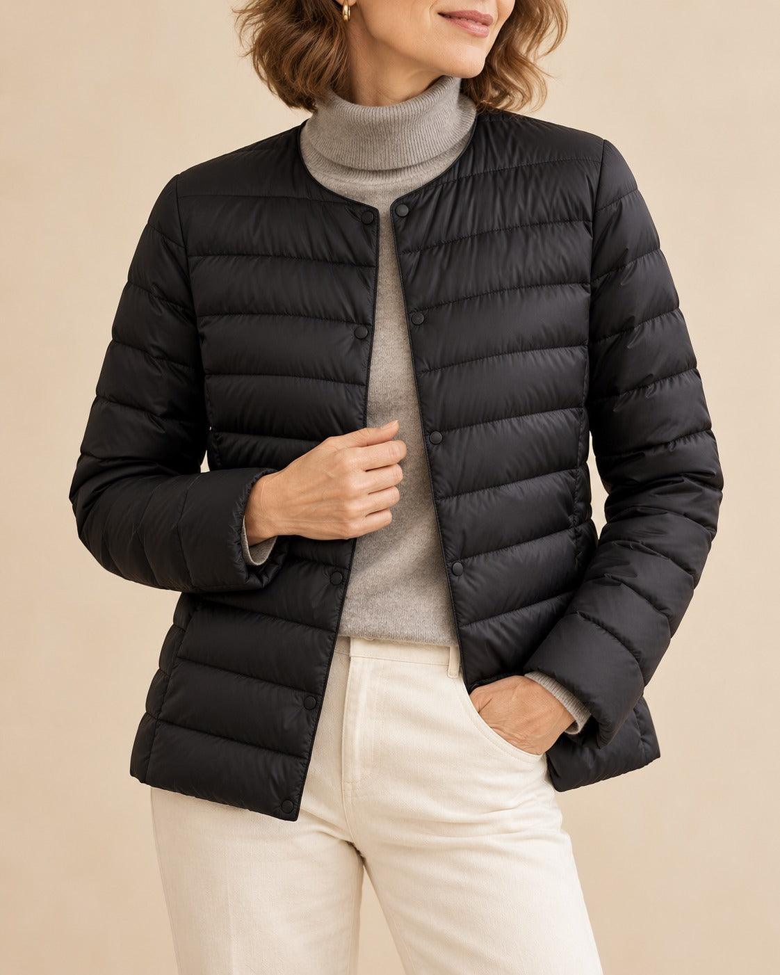 Hollyn Women's Collarless Puffer Jacket — Lightweight Snap-Button 10