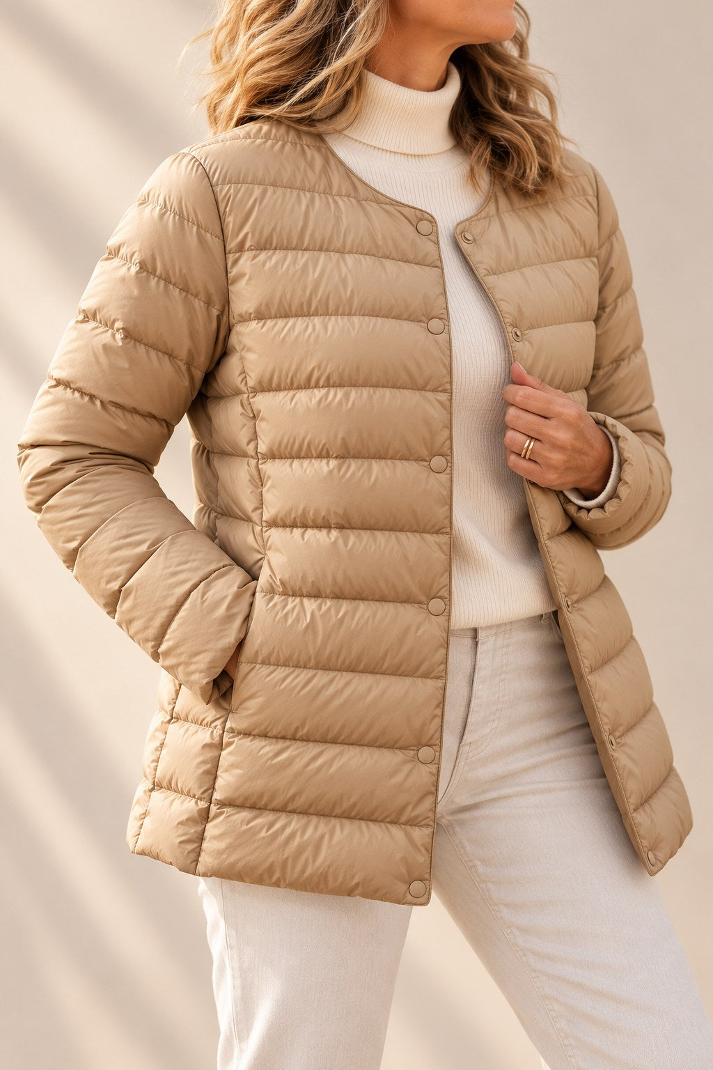 Hollyn Women's Collarless Puffer Jacket — Lightweight Snap-Button 3