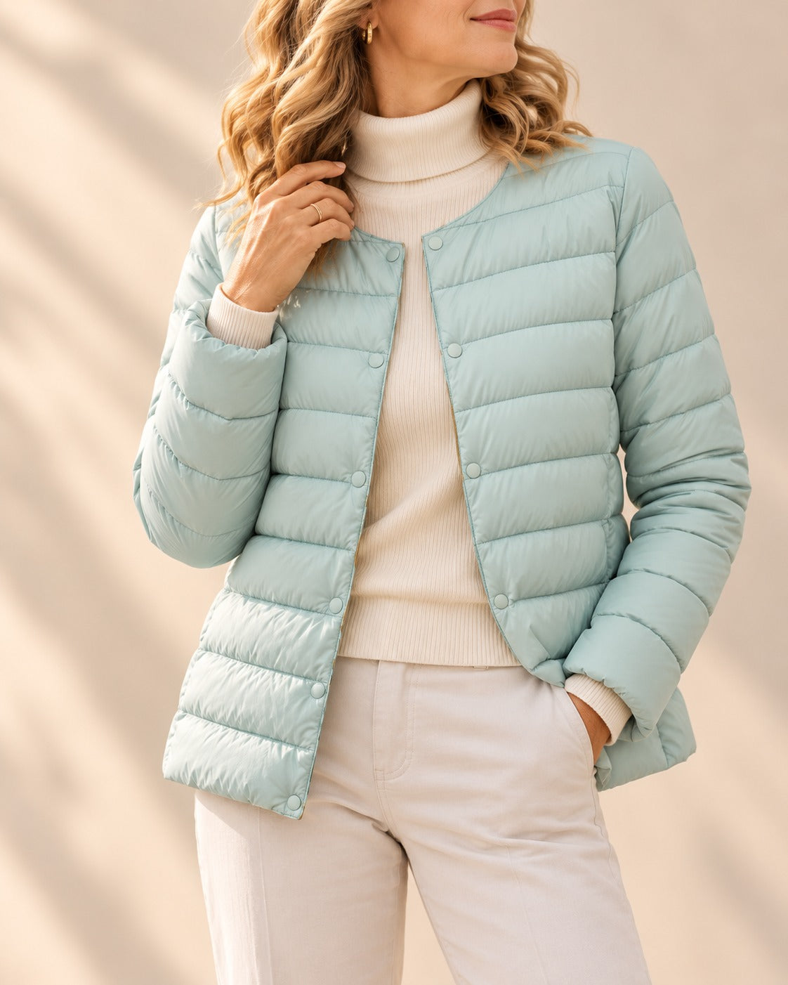 Hollyn Women's Collarless Puffer Jacket — Lightweight Snap-Button 5