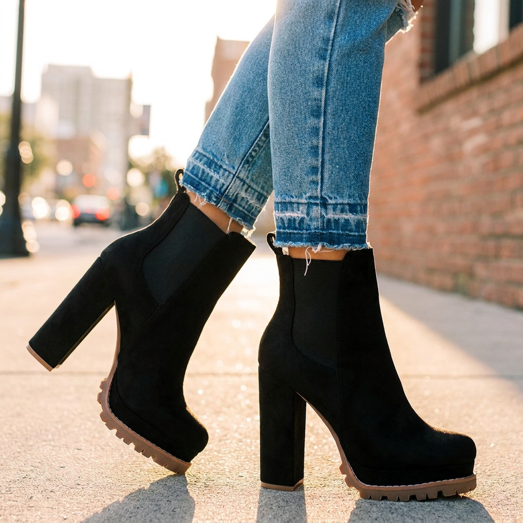 Block Heel Ankle Boots — Faux Suede Lugged Platform Sole 3