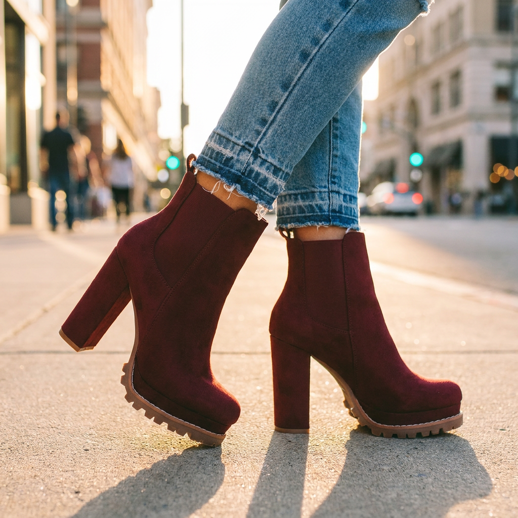 Block Heel Ankle Boots — Faux Suede Lugged Platform Sole 6