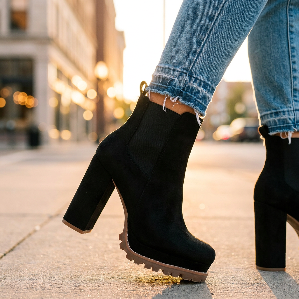 Block Heel Ankle Boots — Faux Suede Lugged Platform Sole 7
