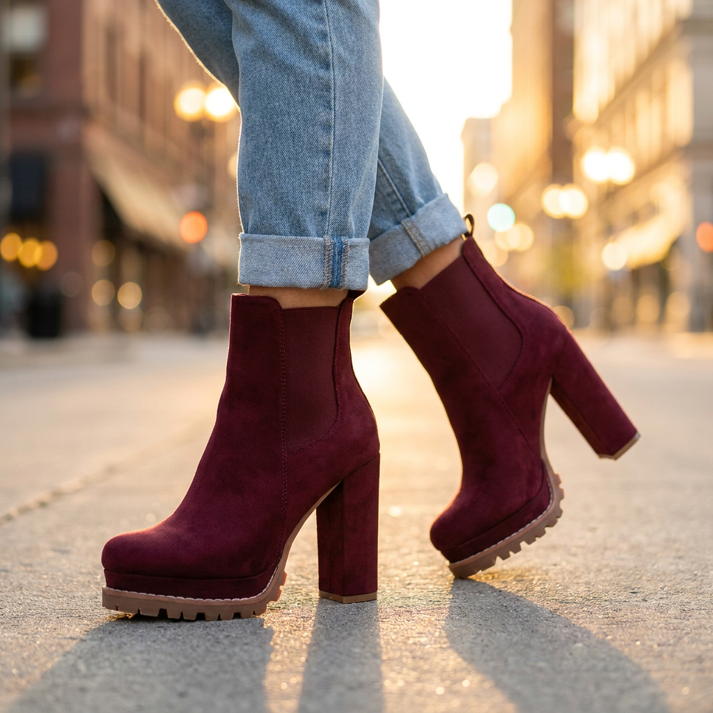 Block Heel Ankle Boots — Faux Suede Lugged Platform Sole 1