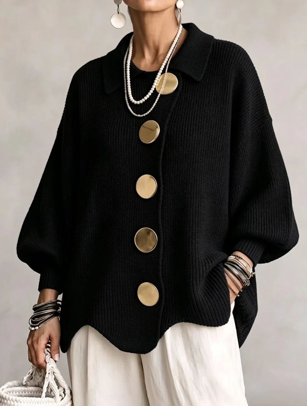 Heavyweight Oversized Cardigan — Lantern Sleeves & Gold Buttons 12