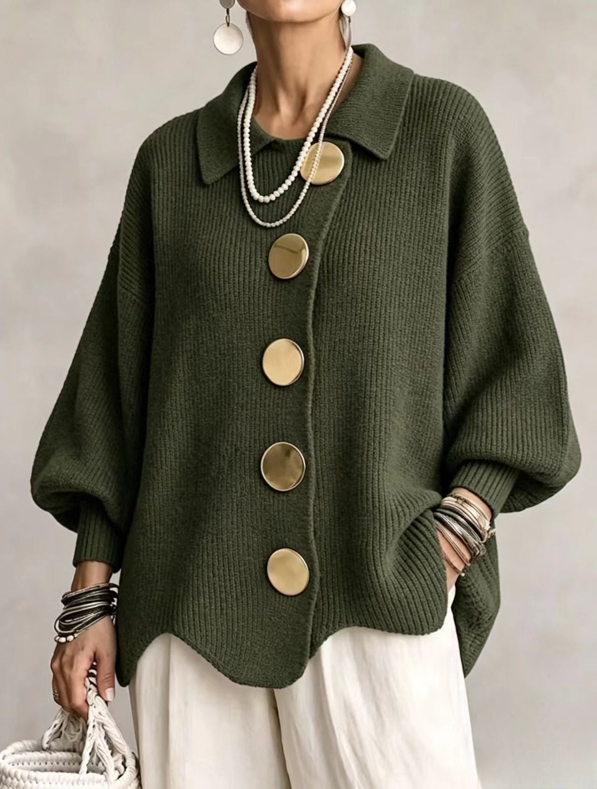 Heavyweight Oversized Cardigan — Lantern Sleeves & Gold Buttons 9