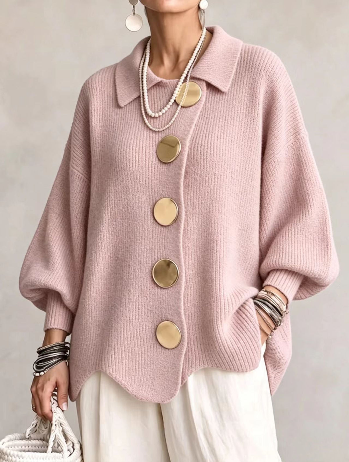 Marlow Women's Oversized Chunky Cardigan — Lantern Sleeves & Gold Buttons 12