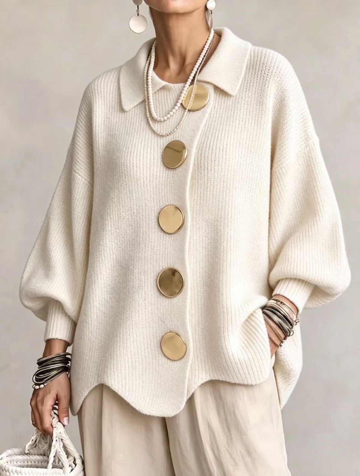 Marlow Women's Oversized Chunky Cardigan — Lantern Sleeves & Gold Buttons 14