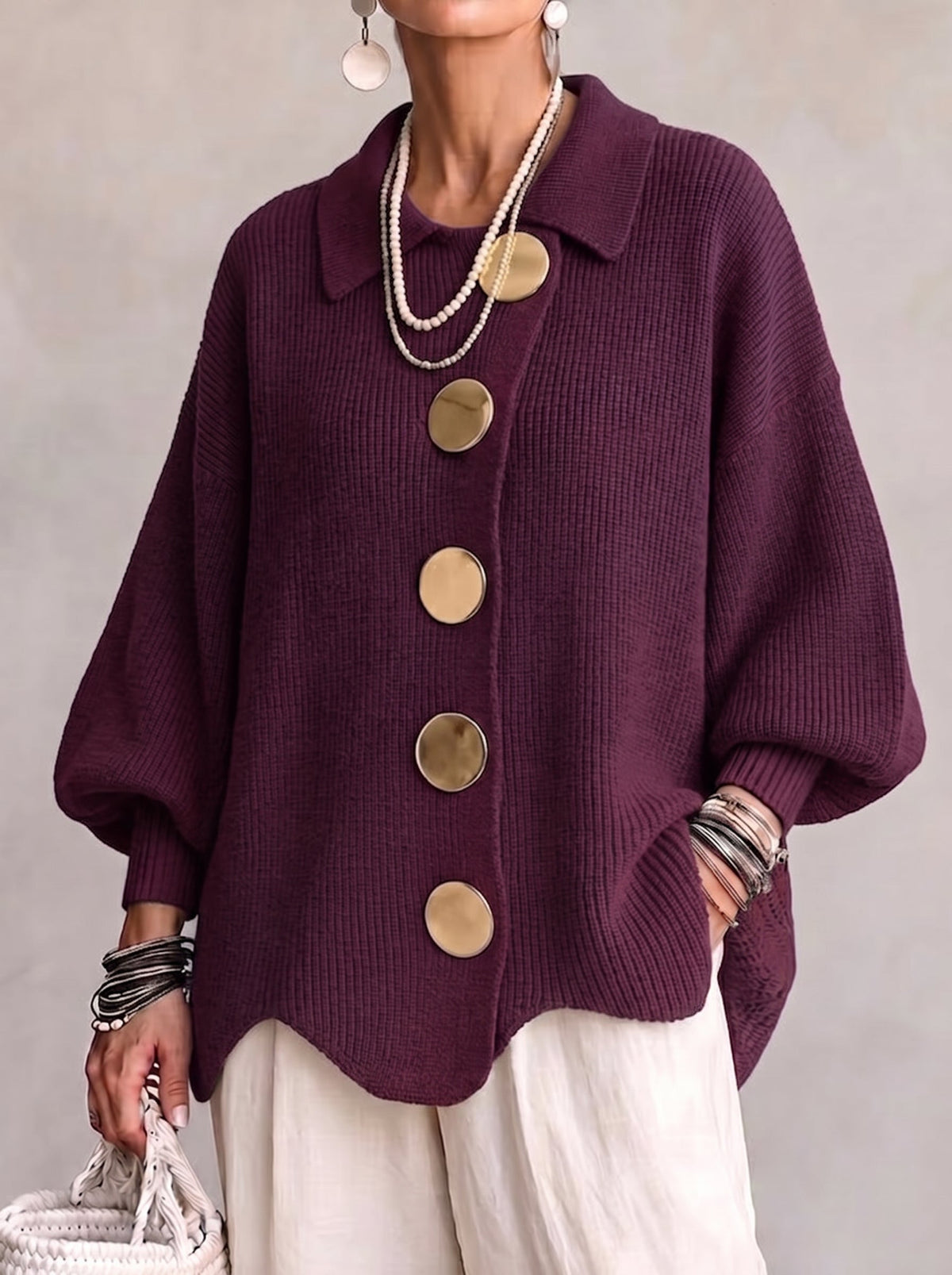 Marlow Women's Oversized Chunky Cardigan — Lantern Sleeves & Gold Buttons 4