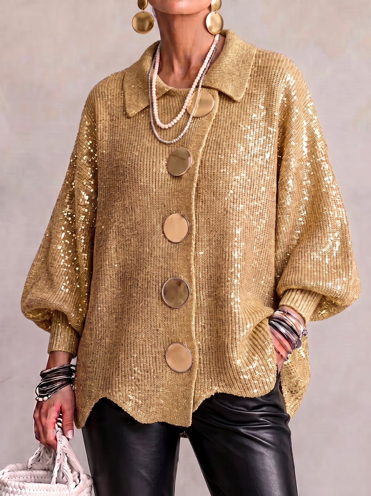 Marlow Women's Oversized Chunky Cardigan — Lantern Sleeves & Gold Buttons 6
