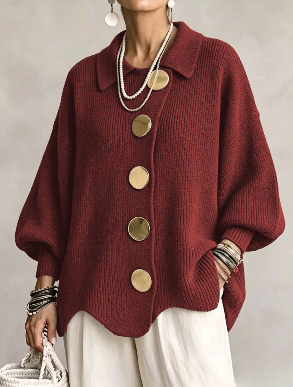 Marlow Women's Oversized Chunky Cardigan — Lantern Sleeves & Gold Buttons 8