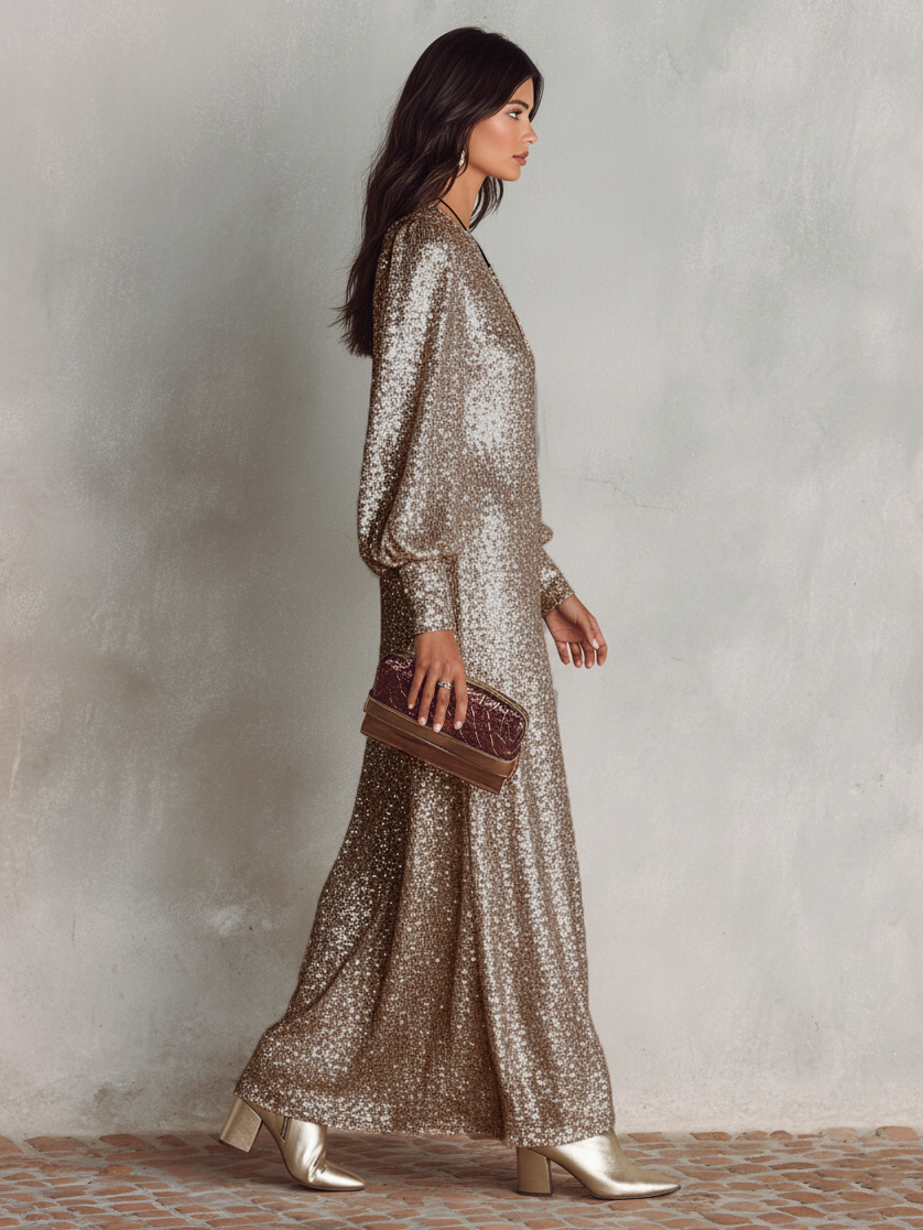 Mayfair Women's Shimmer Maxi Evening Dress — Long Sleeve V-Neck Gown 5