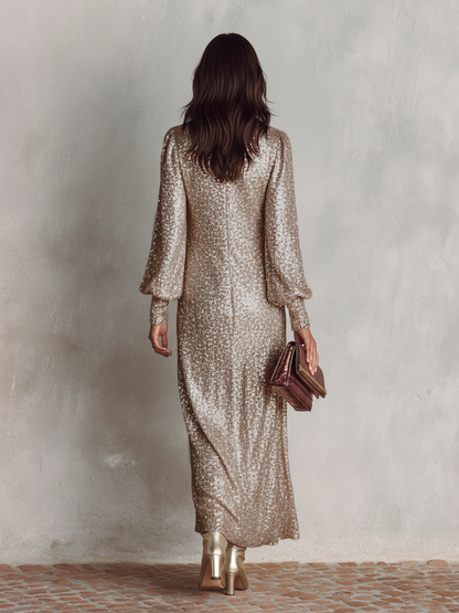 Mayfair Women's Shimmer Maxi Evening Dress — Long Sleeve V-Neck Gown 6