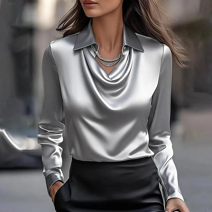 Draped Neckline Silky Blouse — Elegant Long Sleeve Women 3