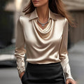 Draped Neckline Silky Blouse — Elegant Long Sleeve Women 1