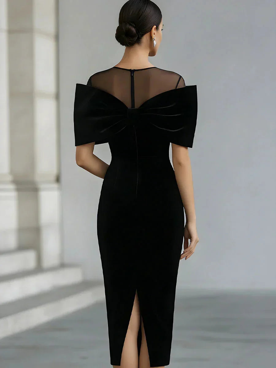 Opera Women's Velvet-Look Midi Dress — Oversized Bow & Mesh Neckline 2