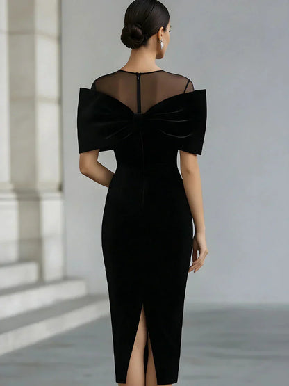 Opera Women's Velvet-Look Midi Dress — Oversized Bow & Mesh Neckline 2