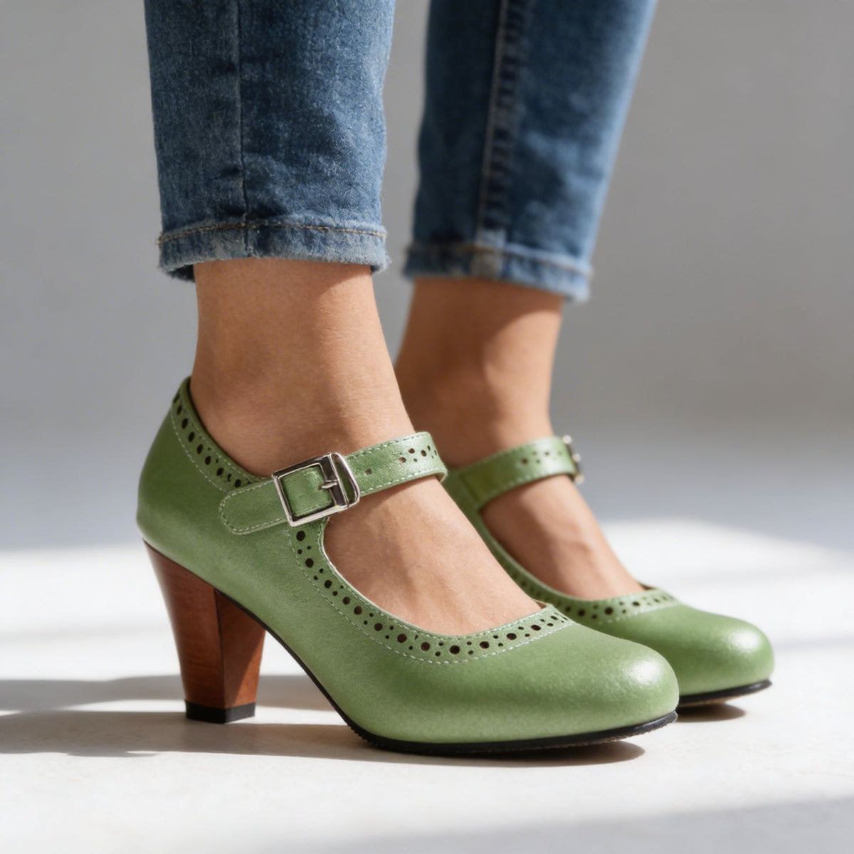 Retro Block Heel Mary Janes — Brogue Detail & Buckle Strap 10