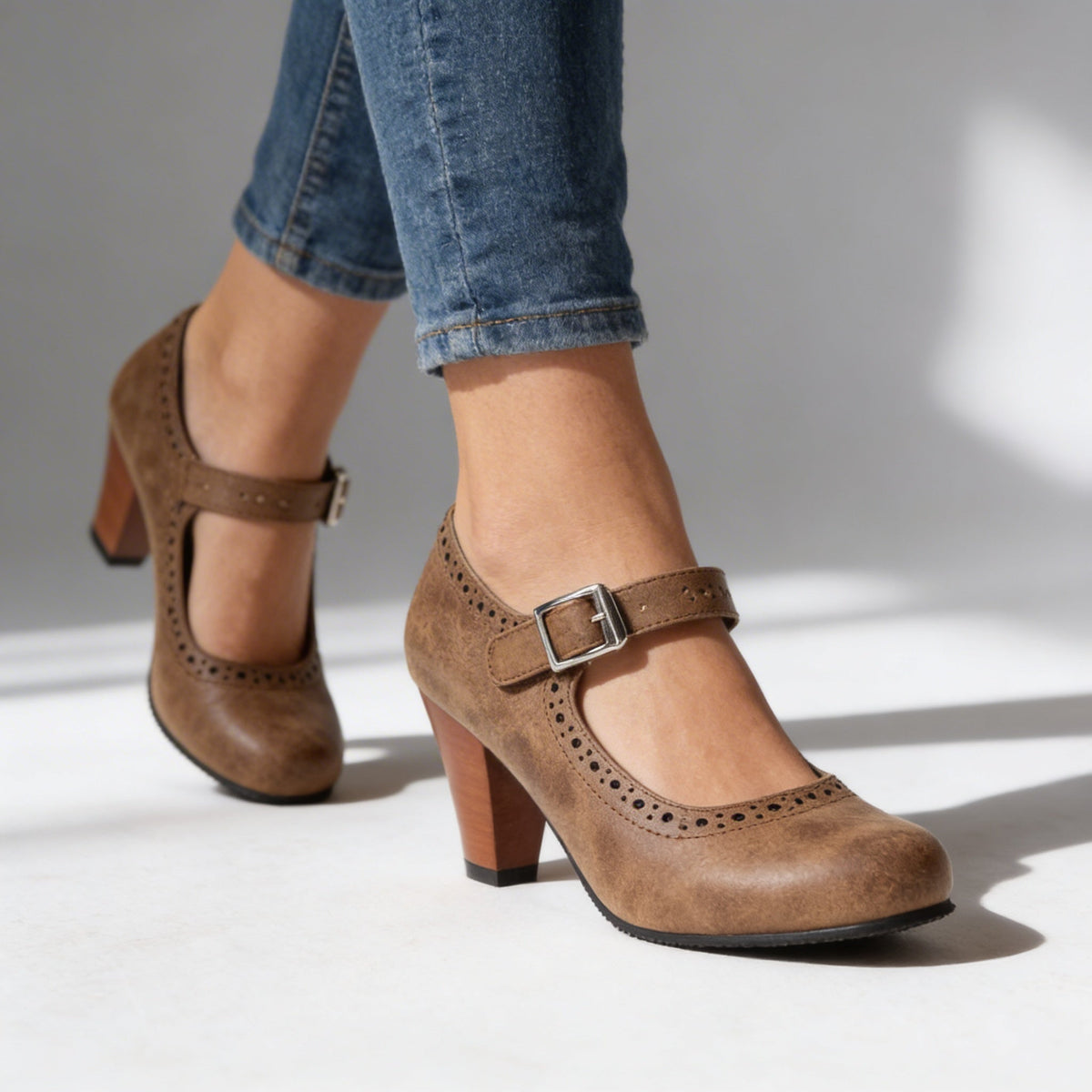 Retro Block Heel Mary Janes — Brogue Detail & Buckle Strap 2