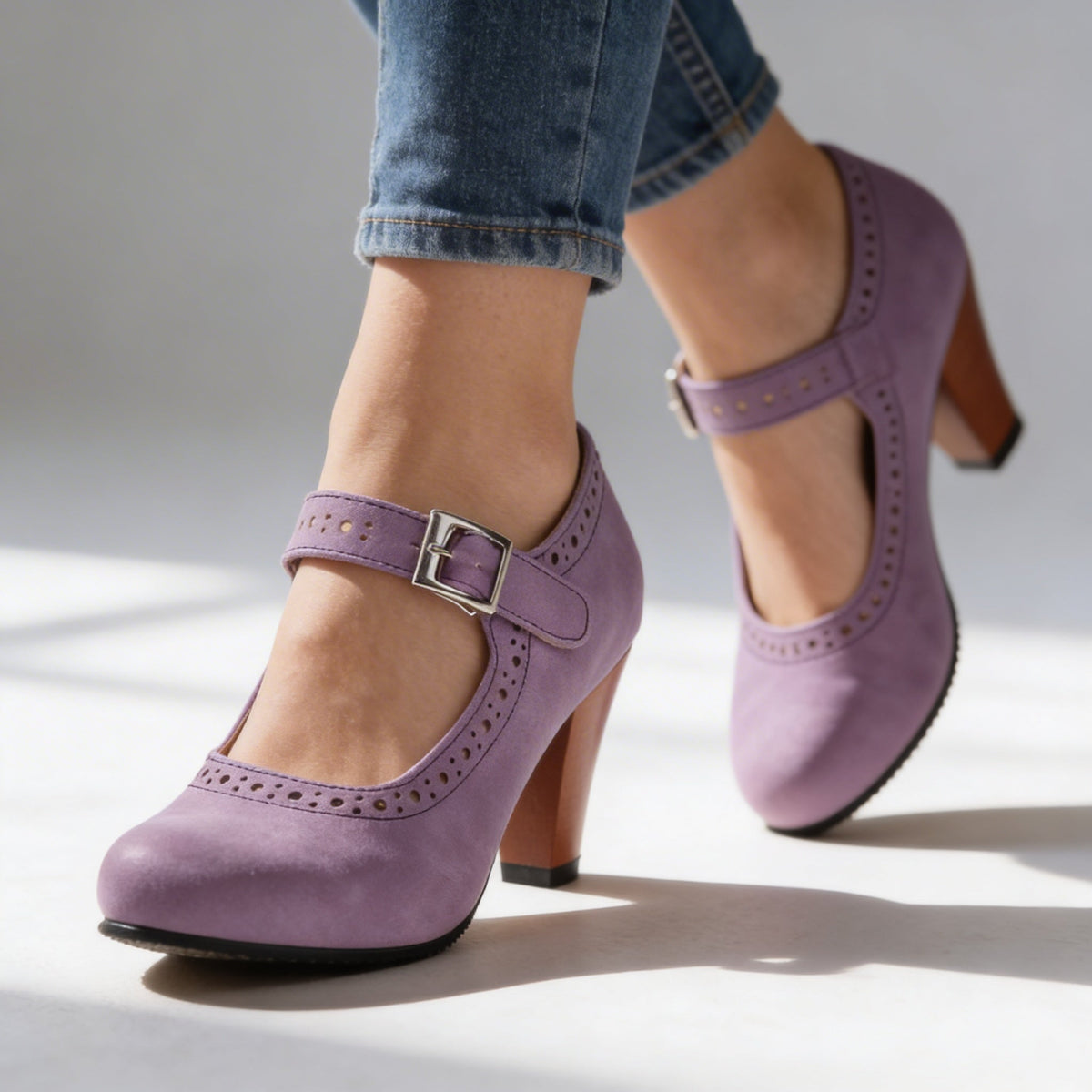 Retro Block Heel Mary Janes — Brogue Detail & Buckle Strap 8