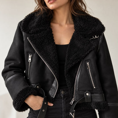 Rider Women's Cropped Faux Leather Biker Jacket — Sherpa-Look Lining 3