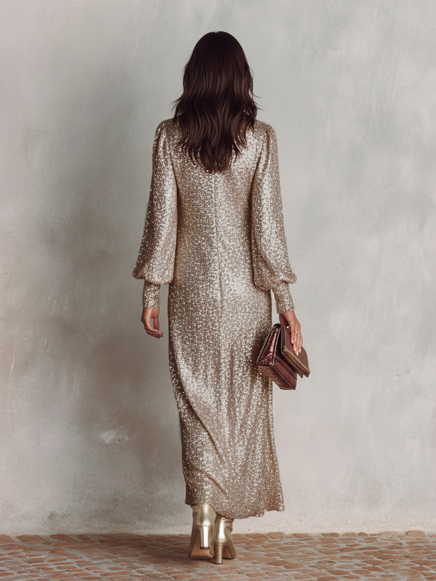 Shimmering Maxi Evening Gown — Long Sleeve V-Neck Party Dress 6